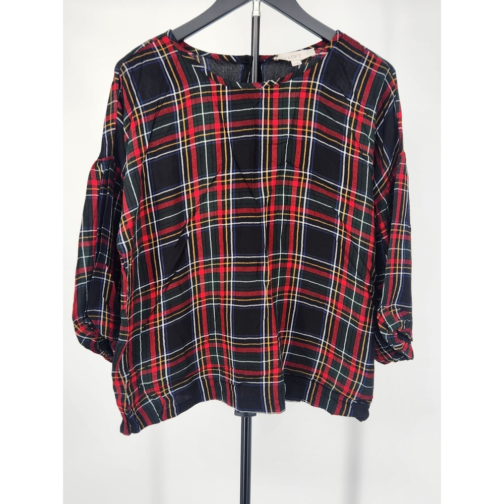 Loft Red Black Plaid Rayon Blouse Keyhole Back Size M 511984
